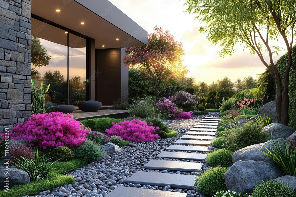 Obraz premium minimalist contemporary garden design with clean lines, geometric shapes and strategic plant placement - 3d visualization