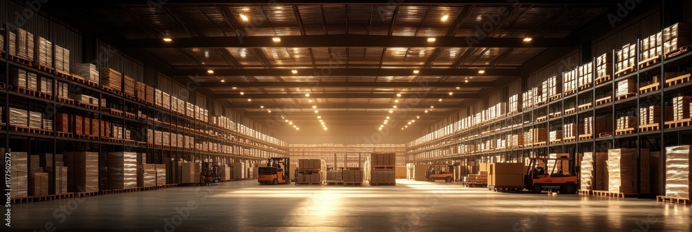 Obraz premium Large retail warehouse filled with shelves stocked with goods in cartons