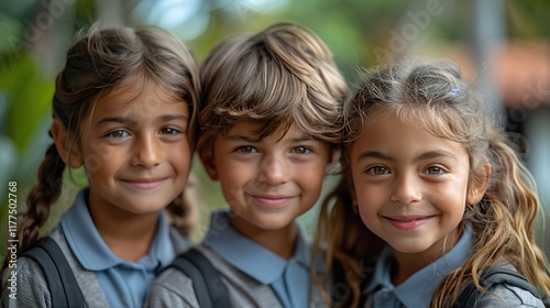 Joyful first-graders proudly wearing their new school uniforms on the first day of school. Let your child start the year with confidence. Happy children, happy parents