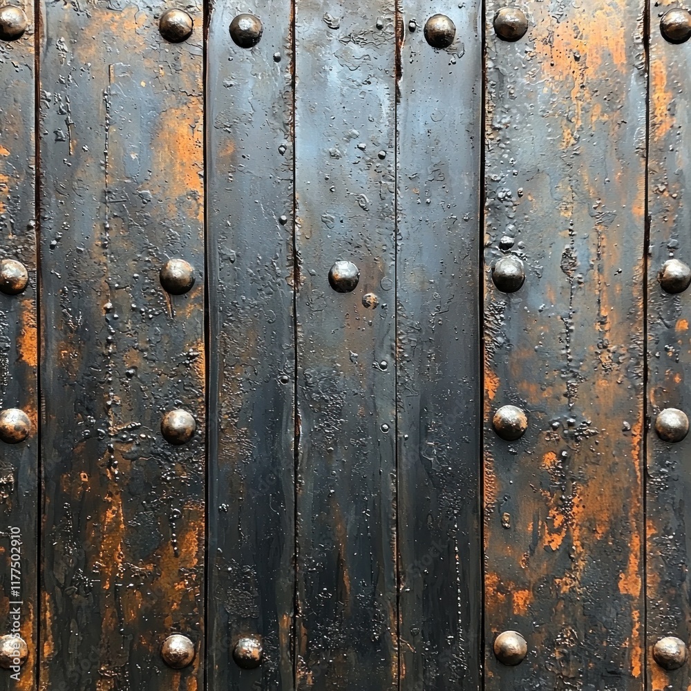 Fototapeta premium Rusted metal planks with rivets on exterior wall, industrial background, possible building material