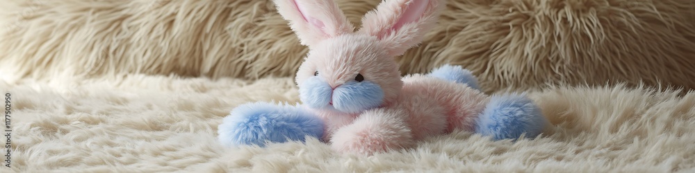 Soft pastel-colored plush bunny toy resting on a fluffy beige rug Soft pastel-colored plush bunny toy resting on a fluffy beige rug