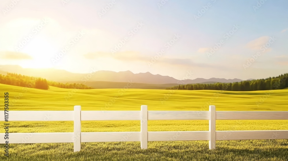 Fototapeta premium White Fence Across Golden Meadow - Serene landscape; white fence symbolizes boundaries, golden field represents abundance, sun signifies hope, mountains depict strength, green grass shows renewal.