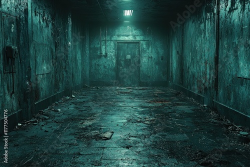 Dimly lit, decaying hospital hallway with closed door, debris on floor, peeling paint, for horror stories