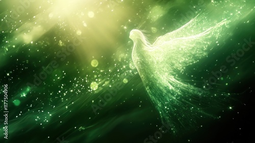 Radiant green dove soaring in ethereal light. photo