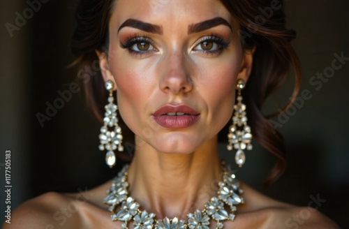 Closeup candid portrait photo of a glamorous italian woman, wearing haute couture, big diamond statement necklace, brown and black pastel colors