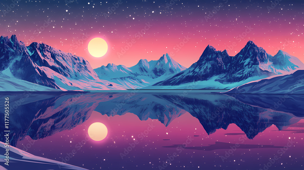 Fototapeta premium Stunning aurora borealis over snowcapped mountains reflecting in a calm lake. Snowcap. Illustration