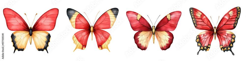 Fototapeta premium Beautiful Red and Gold Butterflies in Flight Captured with a Focus on Their Vibrant Colors and Symbolic Nature, Perfect for Nature and Art Enthusiasts