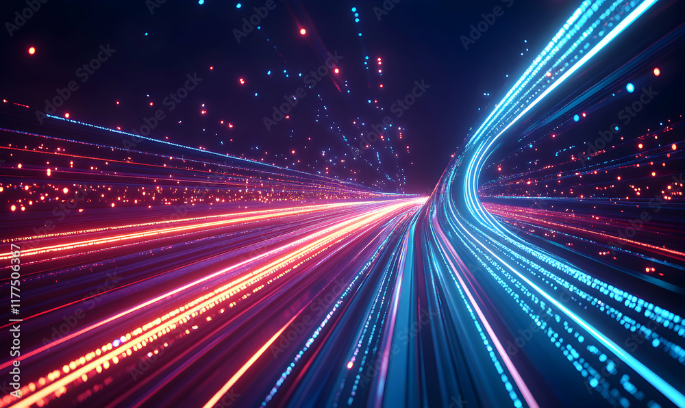 Obraz premium Abstract digital light trails, vibrant neon colors, futuristic technology, data flow, high-speed internet, network connection, glowing streaks.