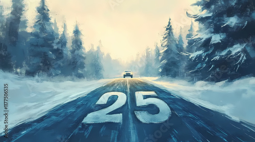 The number on a snowy asphalt road, instead of the number there is a car wheel, behind there is a snowy forest. Snowcap. Illustration photo