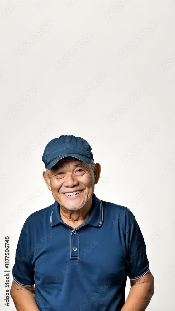 Elderly Polynesian man in a blue uniform and cap, smiling and giving thumbs up, over white background Elderly Polynesian man in a blue uniform and cap, smiling and giving thumbs up, over white background