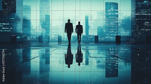 Digital communication dynamics explored in a high-tech corporate environment Stock Photo with side copy space