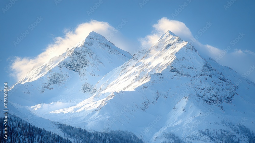 Obraz premium Majestic snow-capped mountain peaks under a vibrant blue sky.