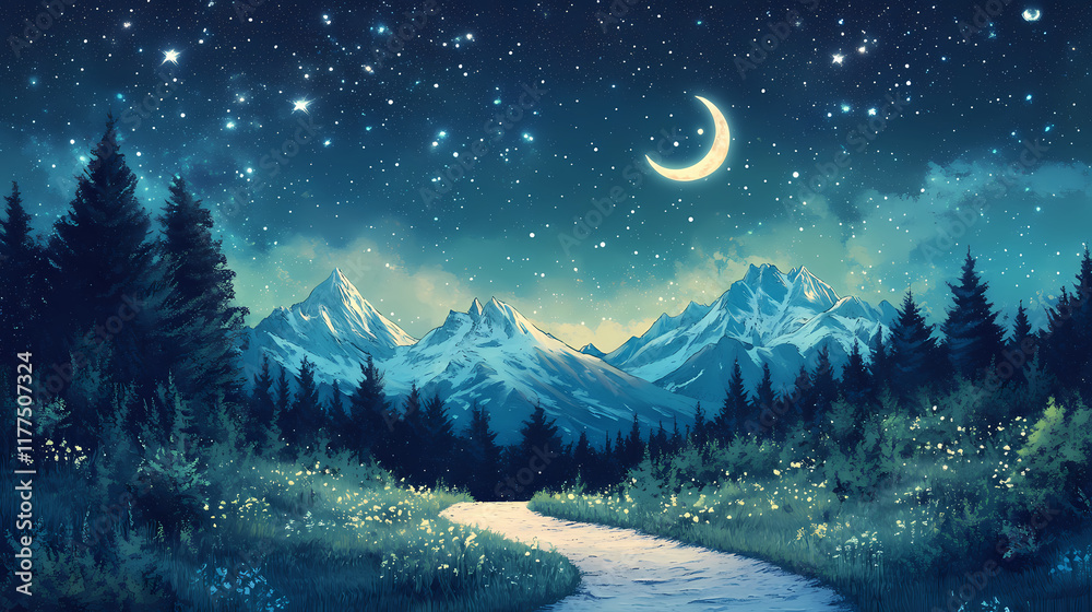 Fototapeta premium Winding path leads eye majestic snowcapped mountains under starlit sky crescent moon supernova adding breathtaking beauty scene. Snowcap. Illustration