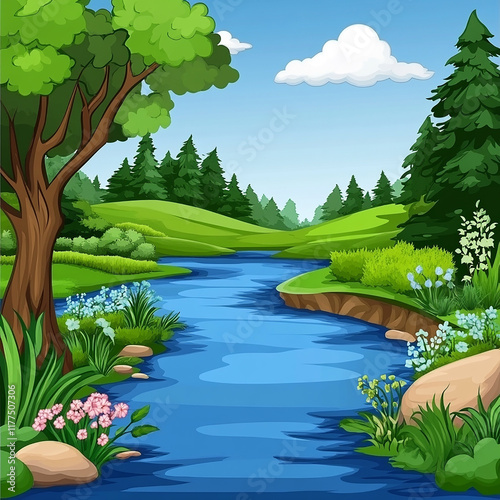 Beautiful cartoon lake and the mountains in the background