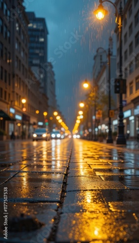 Rainy city street with glowing lamps reflection on wet pavement.