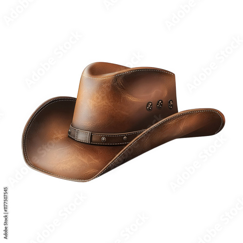 classic brown cowboy hat made of leather. showcasing its wide brim and distinctive shape the hat is designed for outdoor use. often associated with western culture. ranching. and country lifestyle its