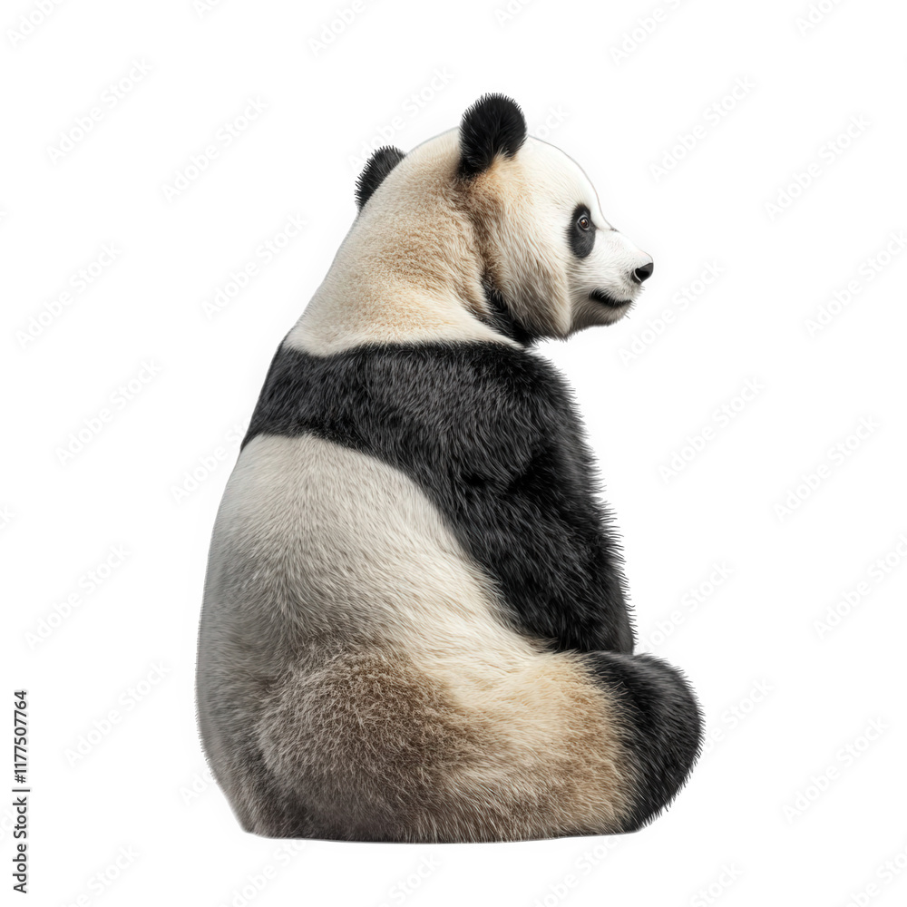 Naklejka premium a realistic depiction of a panda sitting in profile. showcasing its distinctive black and white fur the background is plain white. emphasizing the panda's features and form the essence of this beloved
