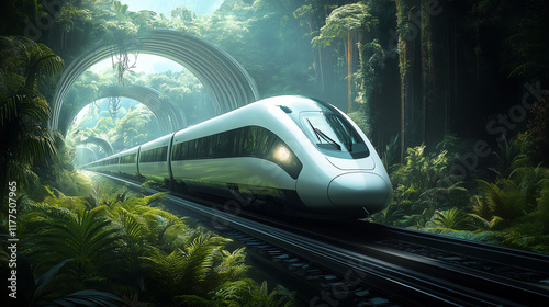 High-speed train racing through a lush countryside, symbolizing sustainable transportation and advanced technology  photo