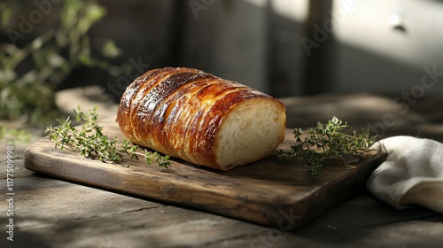 Sliced bread on wooden board, rustic setting photo