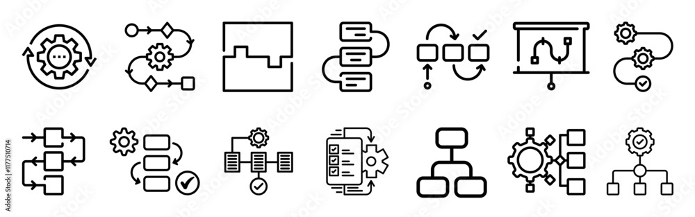 Workflow line icon set. Containing hierarchy, mechanism, manager, collaboration, progress, strategy, organization, activity, operation, procedure, teamwork, step, connecting. Vector illustration Workflow line icon set. Containing hierarchy, mechanism, manager, collaboration, progress, strategy, organization, activity, operation, procedure, teamwork, step, connecting. Vector illustration