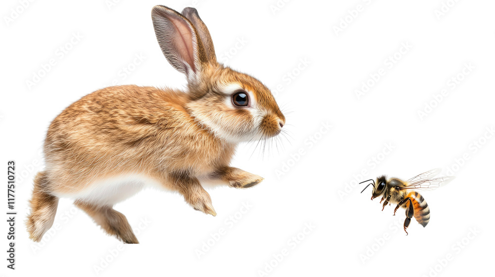 Fototapeta premium Young Rabbit and Honeybee Encounter in Nature