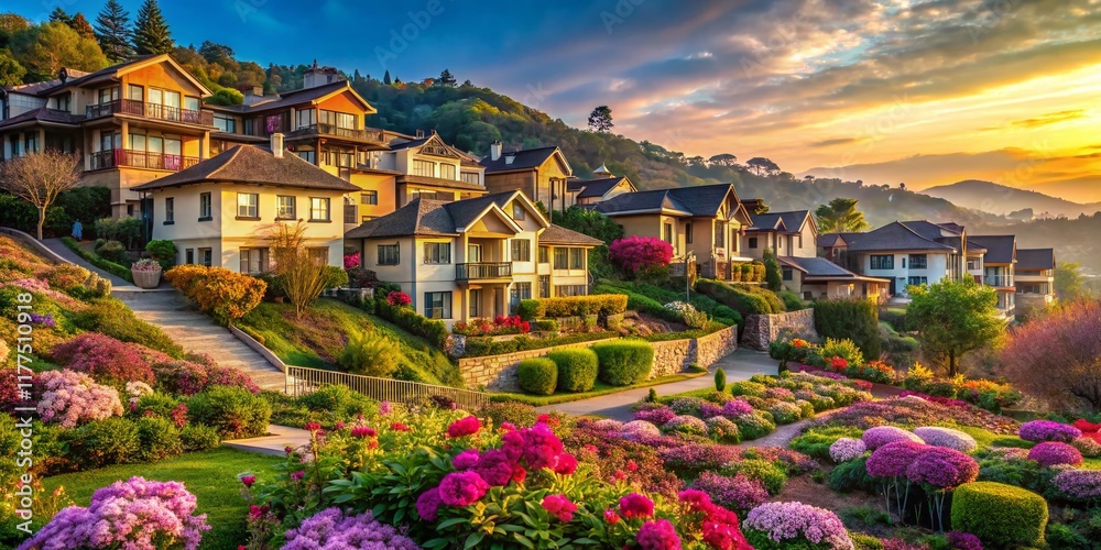 Naklejka premium Luxurious Hillside Homes, Blooming Flowers, Idyllic Setting - Urban Exploration Photography