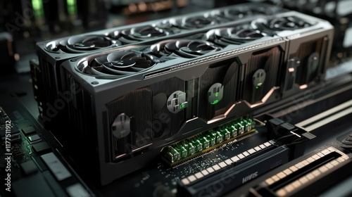 Two high end graphics processing units with active cooling are installed on a modern motherboard, illuminating the scene with green leds and promising peak performance photo