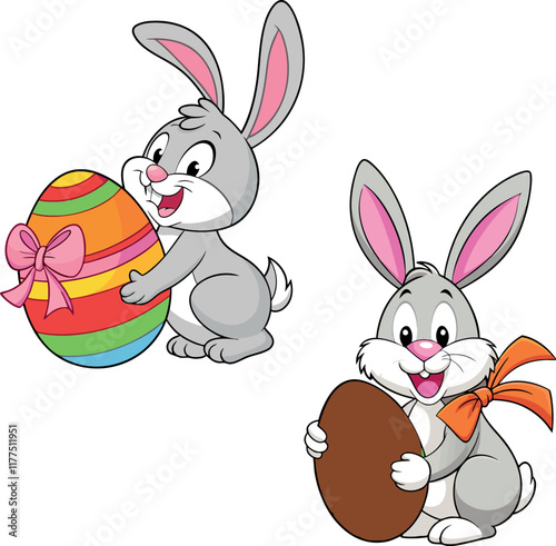 Two gray easter bunnies holding decorated eggs with ribbon