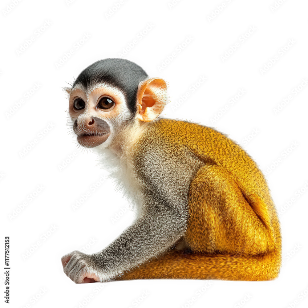 Obraz premium side profile of a small monkey with distinctive features. including a gray head. orange-yellow fur on its back. and a curious expression the monkey sits on a white background. emphasizing its playful