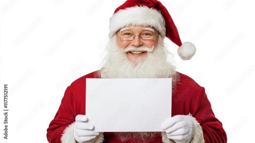 Santa Claus smiles warmly while holding a blank sign, inviting messages and joy during the festive season. His traditional red suit and white beard create a cheerful atmosphere