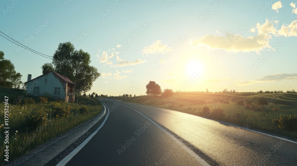 A peaceful country road stretches through verdant fields as the sun sets on the horizon. A charming house stands beside the road, enhancing the tranquil atmosphere A peaceful country road stretches through verdant fields as the sun sets on the horizon. A charming house stands beside the road, enhancing the tranquil atmosphere