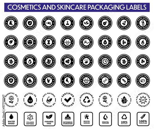 Cosmetics and Skincare Product packaging labels - All essential vector stickers for body and face care products.