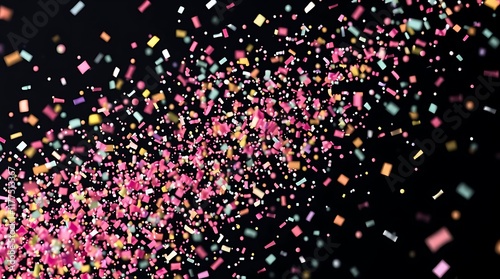 A vibrant explosion of multicolored confetti, shapes and sizes, in motion against a pure black backdrop.