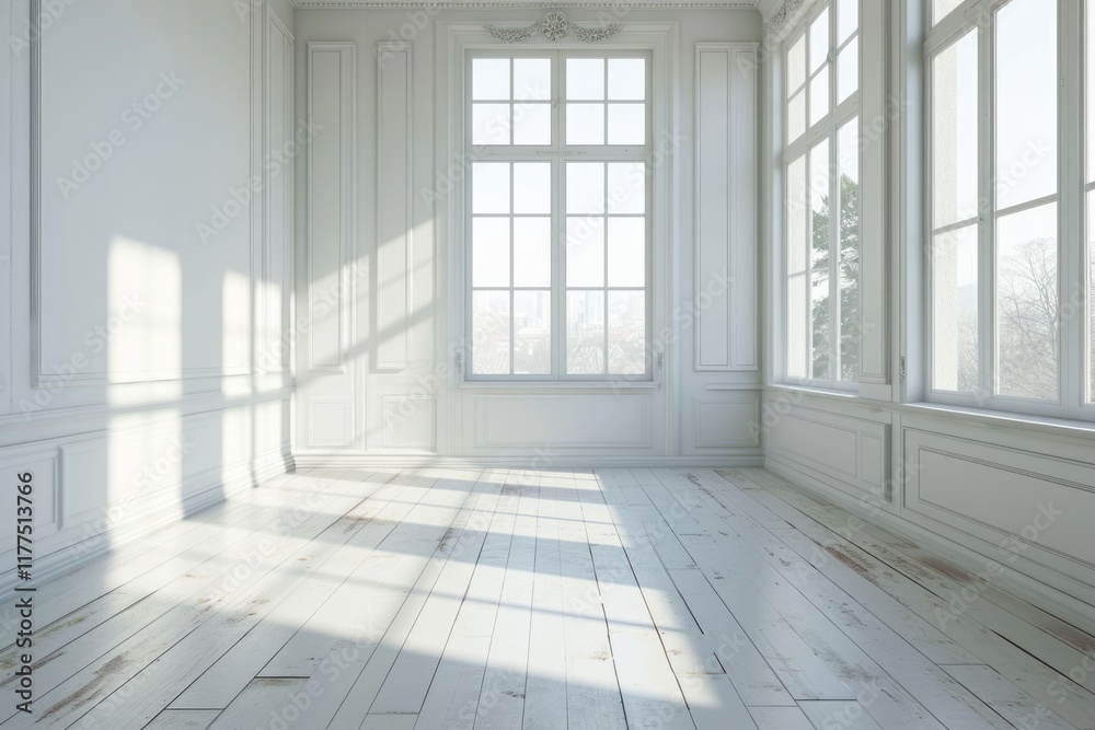 Obraz premium Crisp White Room Corner with Sunlit Window - Architectural Perspective Illustration