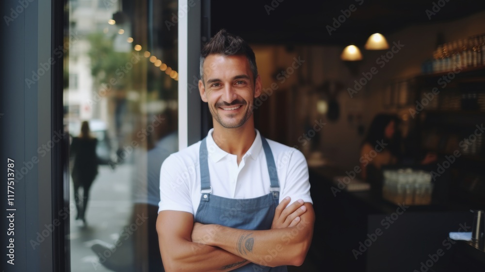 A barista stands with crossed arms at the entrance of a cafe showcasing a welcoming smile. Natural light floods the space, enhancing the inviting atmosphere