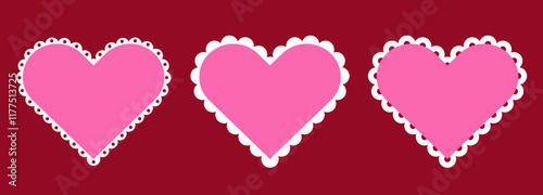 Set of scallop frame heart shape. Vintage element for greeting card. Simple Badges with Zig Zag Borders. Pink color
