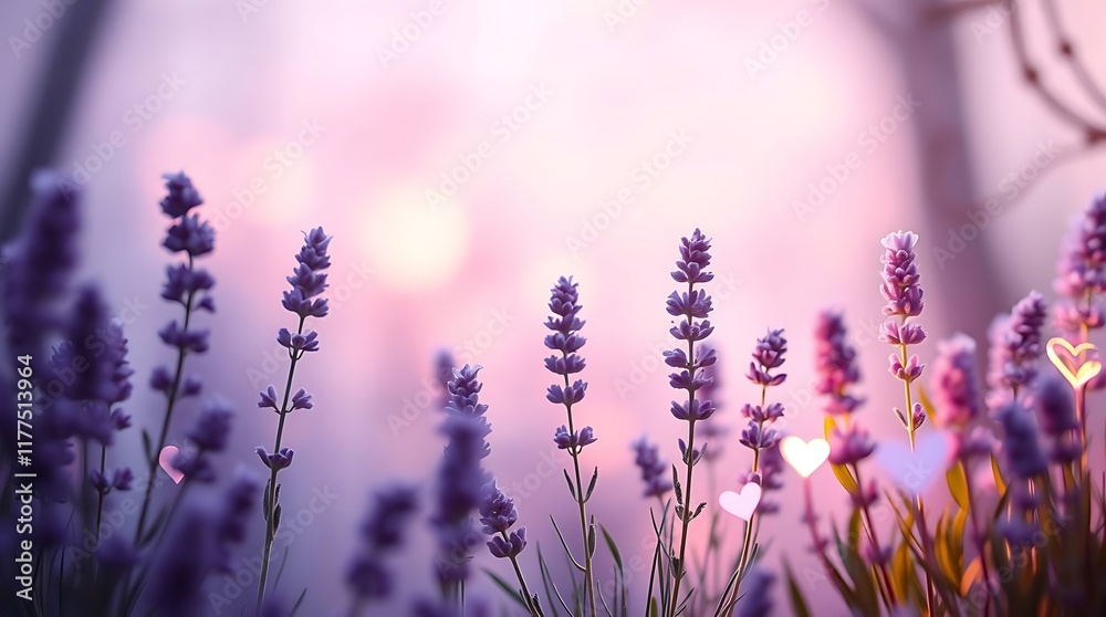 Fototapeta premium A close-up of vibrant purple lavender flowers in soft focus, bathed in the warm hues of a beautiful sunset.