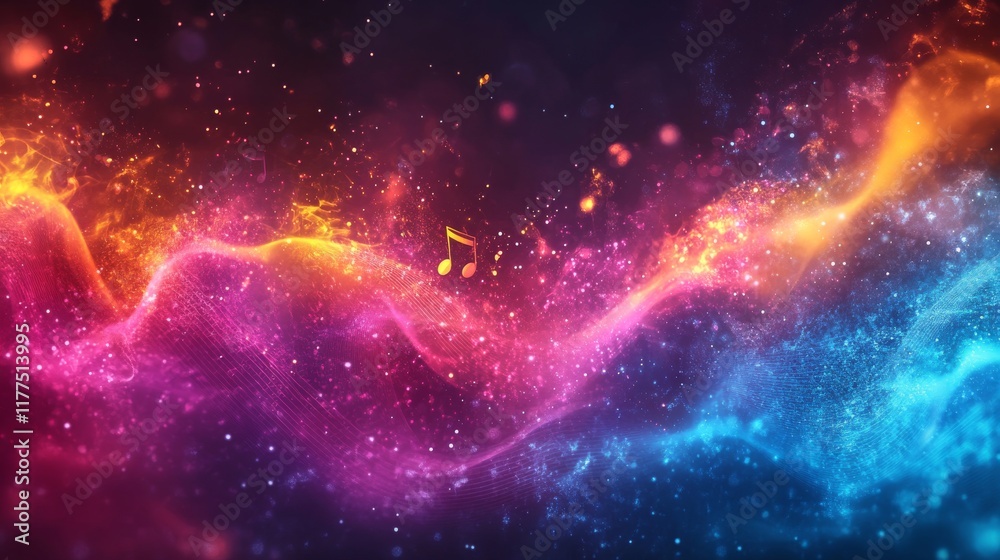 Fototapeta premium Cosmic Symphony, A Vibrant Orchestration of Light and Sound in a Starry Nebula with Floating Music Notes