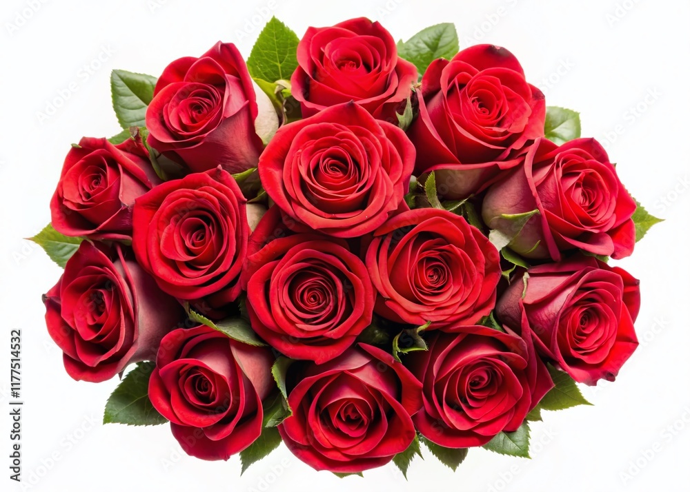 Obraz premium Luxury Red Roses Bouquet Top View, Isolated White Background, High-Resolution Stock Photo