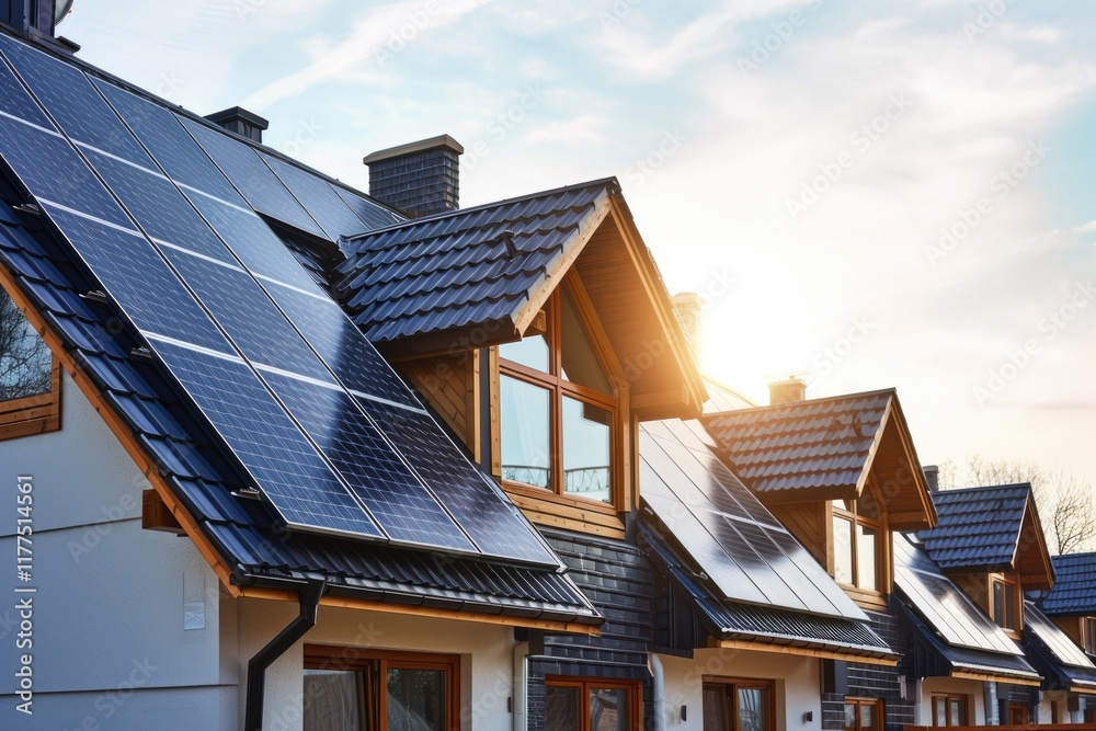 Cutting-Edge Architecture: Newly Built Home with Sleek Black Solar Panels and Sun Energy Technology Cutting-Edge Architecture: Newly Built Home with Sleek Black Solar Panels and Sun Energy Technology