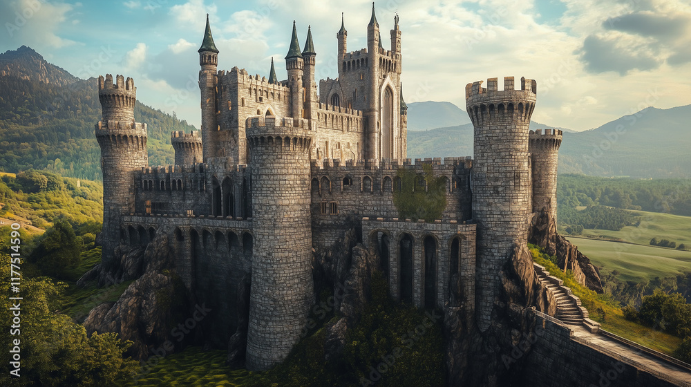 Fototapeta premium Historical castle with towering stone walls, intricate details, and surrounding greenery in a serene countryside setting 