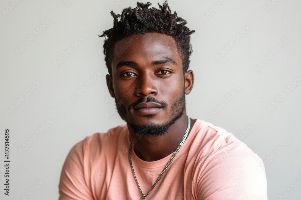 modern urban fashion portrait of confident young african man in vibrant pink graphic t-shirt against clean white studio background