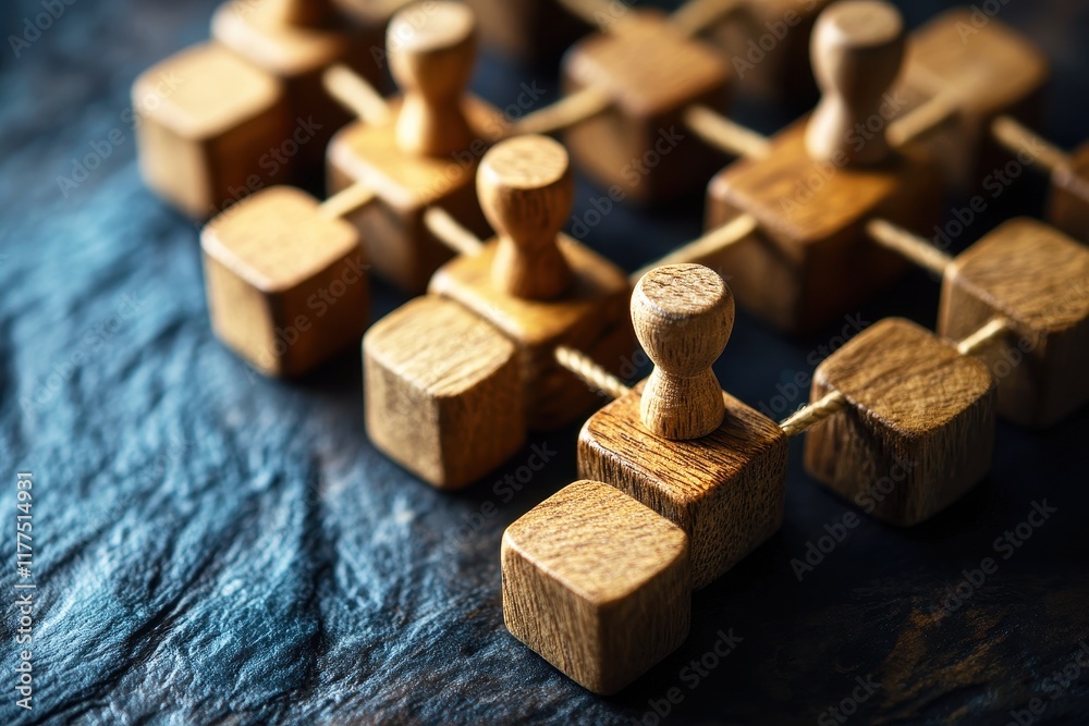 Abstract Composition of Wooden Blocks and Stamps Connected by Twine on Dark Textured Surface for Artistic and Creative Themes Abstract Composition of Wooden Blocks and Stamps Connected by Twine on Dark Textured Surface for Artistic and Creative Themes
