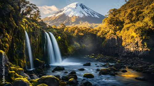 Serene waterfall cascading down mosscovered rocks, with a snowcapped volcano in the background. Snowcap. Illustration photo