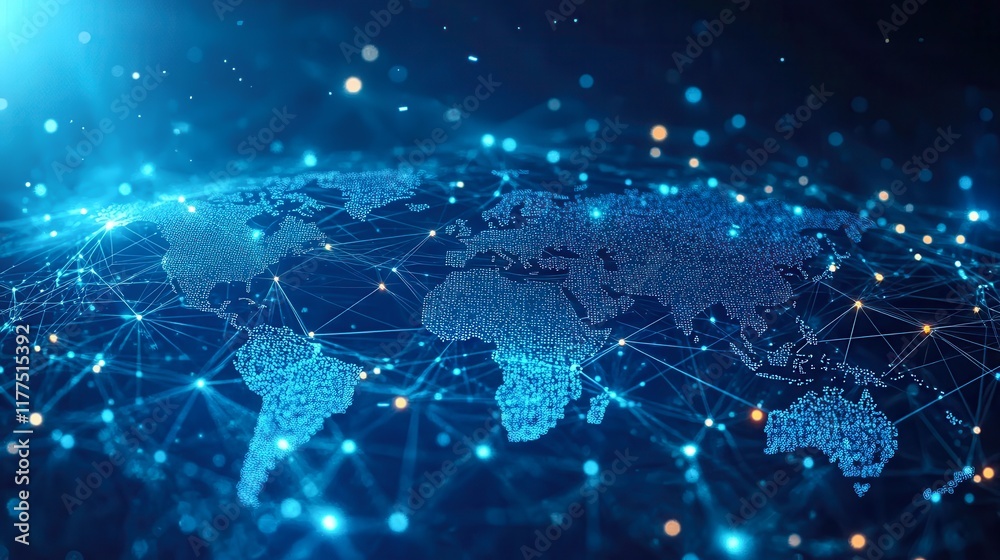 Obraz premium A digital depiction of a world map connected by glowing lines and nodes, symbolizing global connectivity and data flow, Ideal for technology, networking, or data visualization projects,