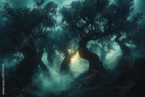 Wallpaper Mural mysterious dark forest scene with fog and spooky twisted trees creating atmospheric halloween horror environment Torontodigital.ca