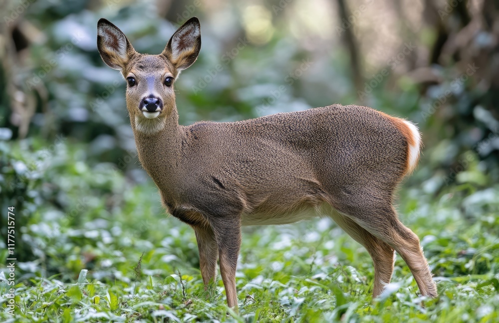 A roe deer in the forest, green grass and trees in springtime A roe deer in the forest, green grass and trees in springtime