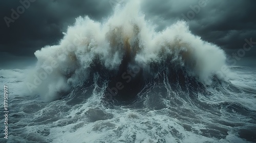 Fototapeta Naklejka Na Ścianę i Meble -  A massive, powerful ocean wave crashes under a stormy sky.