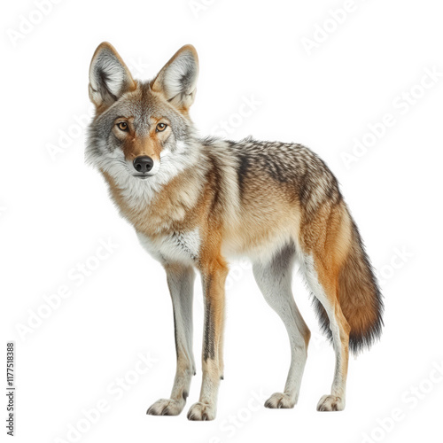 a detailed of a coyote standing gracefully against a white background. showcasing its distinctive features and fur patterns the animal appears alert and curious. embodying the essence of wildlife