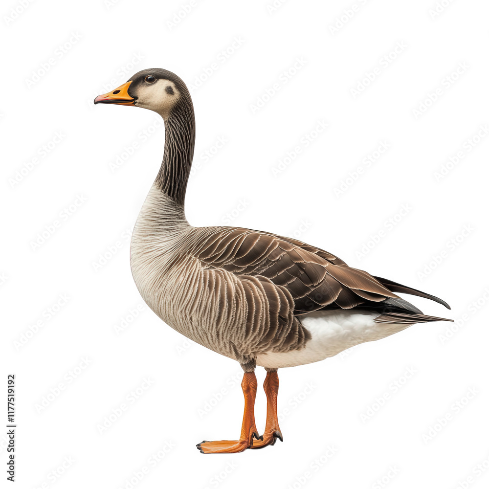 side profile of a goose with distinctive markings. showcasing its elegant posture and detailed feather patterns against a plain white background this composition highlights the beauty of wildlife and